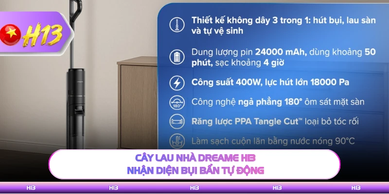 Cây lau nhà Dreame H13 nhận diện bụi bẩn tự động